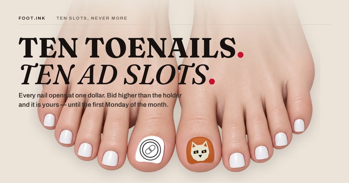 The ten toenails in September 2026, with the logos that held them